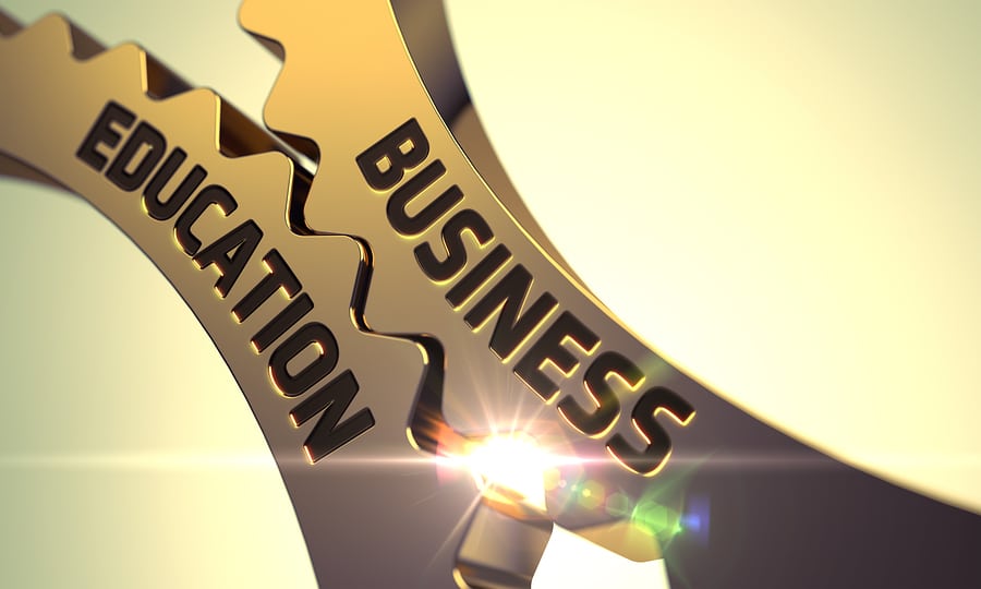 Business Education on the Mechanism of Golden Gears. Business Education - Illustration with Glow Effect and Lens Flare. Business Education - Concept. Business Education - Industrial Design. 3D.