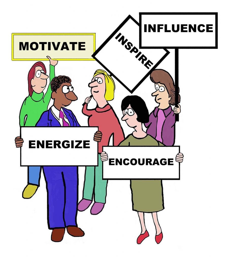 Cartoon of businesspeople defining the characteristics associated with motivate: inspire, influence, encourage, energize.