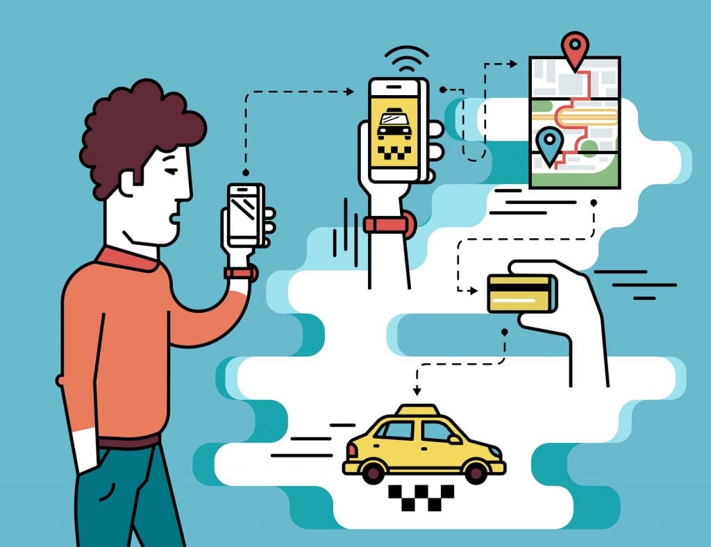 Infographic flat illustration of mobile app for booking taxi. Contour man holds in his hand white smartphone and going to order taxi cab.