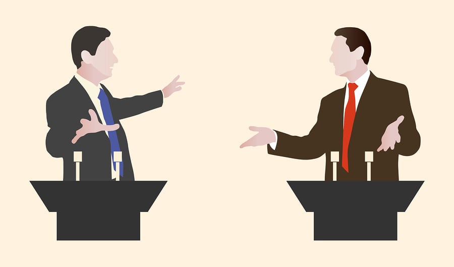 Debate two speakers. Political speeches, debates, rhetoric. Broad and expressive hand gestures.
