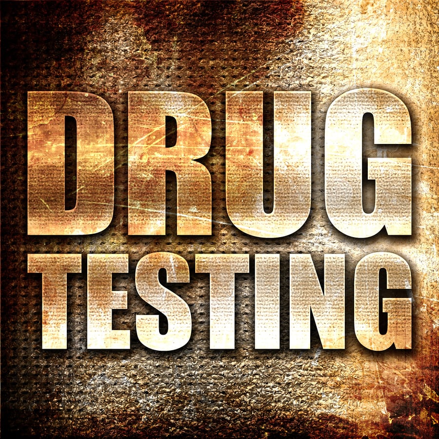 drug testing, 3D rendering, metal text on rust background